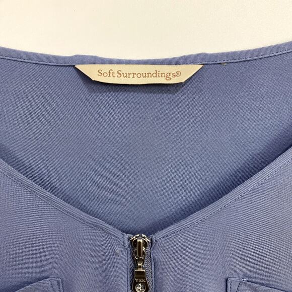 Soft Surroundings Blouse Women's Large No Size Tag Blue Front Zip Top Roll Tab - Picture 5 of 11